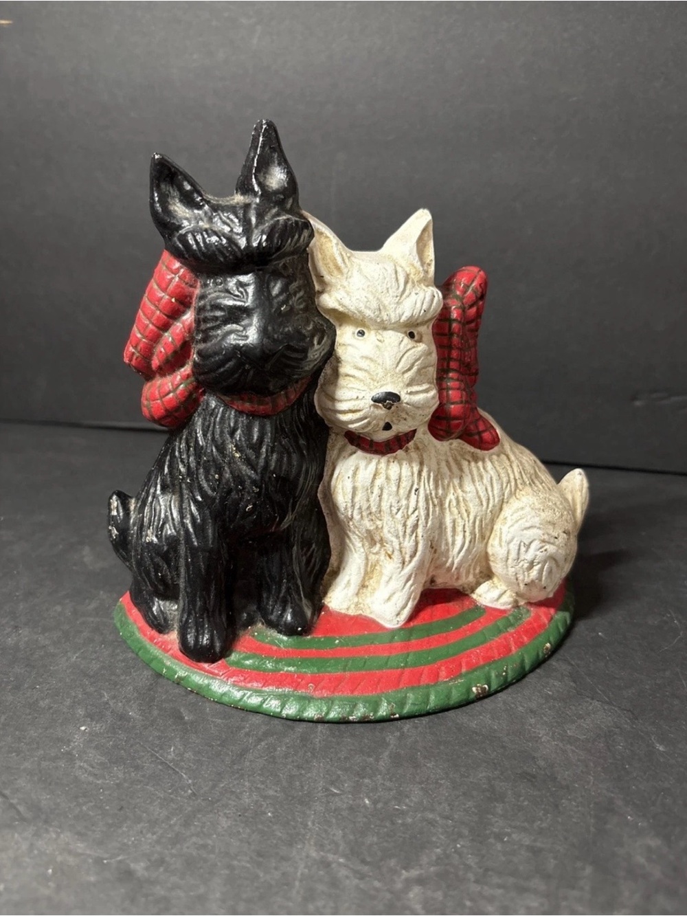 Vintage Cast Iron Black & White Scottie Terrier Dog Door Stop Cottage Core